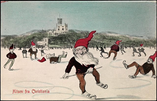 1908年挪威奧斯陸發行的聖誕卡，有數位紅帽Nisse在滑冰。