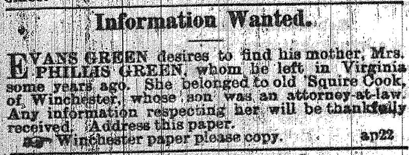 1865年，埃文斯‧格林在紐澳良的《黑人共和報》刊登廣告來尋找他的母親菲利斯。