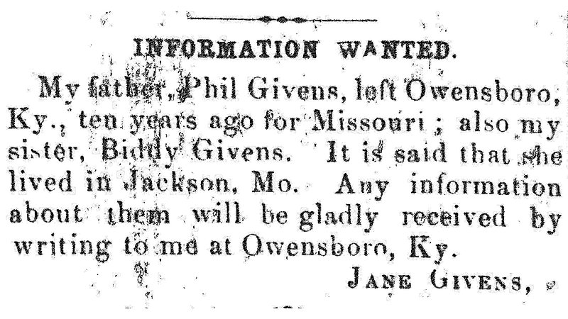 1866年，簡‧吉文斯在辛辛那提的《有色公民報》上刊登廣告，尋找她的父親菲爾和姊妹比迪。