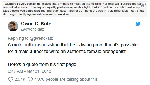 這名男作家宣稱「多元書寫」和「女性書寫」根本不重要，因為男性寫出來的女性角色就夠有說服力了。