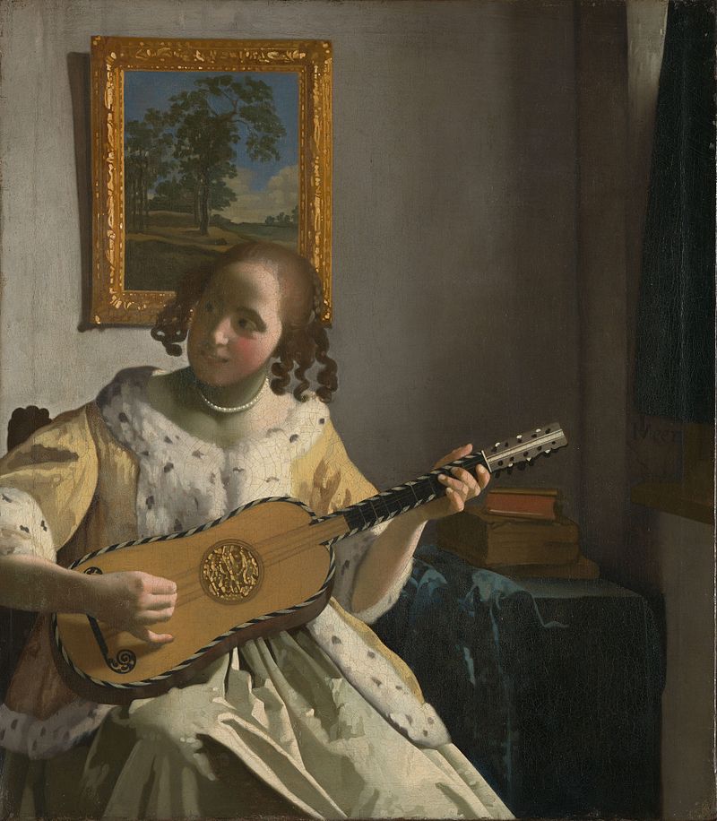 荷蘭畫家維梅爾的畫作《吉他樂手》（The guitar player，約繪於1672年），裡頭出現的就是九弦巴洛克琴。