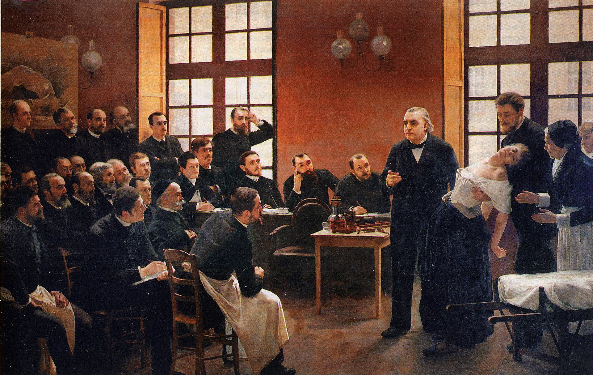 醫學教授臨床展示「歇斯底里」病患。1887年法國畫家André Brouillet的畫作。