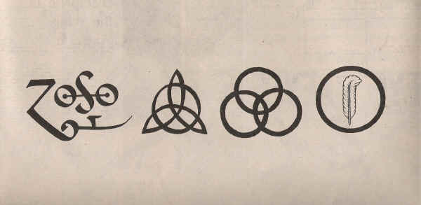 代表Led Zeppelin四名團員的符號，由左至右依序為：Jimmy Page、John Paul Jones、John Bonham和Robert Plant。