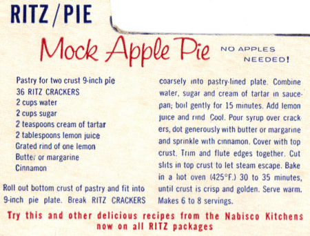 1930年代經濟大蕭條時期，麗滋餅乾開始印刷「仿蘋果派」的食譜，以浸泡在肉桂、檸檬和香草中的餅乾來代替蘋果派的餡料。