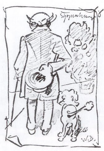 叔本華與貴賓狗 Butz 散步的畫像，聽說叔本華在狗不乖的時候，會罵牠們：「人類！」