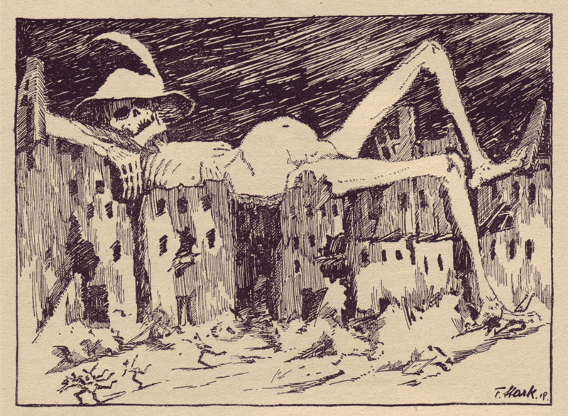 除了彩色插畫之外，《蘭花園》中也常見單純用黑白線條繪製的恐怖插圖。