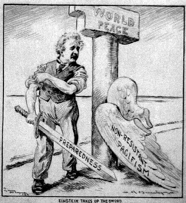 1933年的漫畫描繪愛因斯坦「卸下了和平主義的翅膀」，舉起了「有備而來的寶劍」。在這一年他放棄了德國國籍。