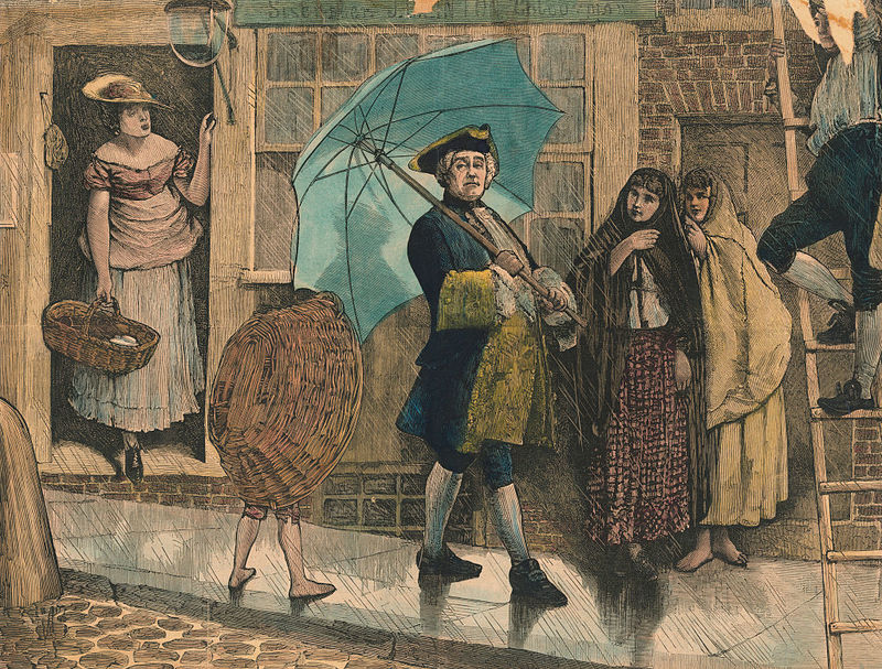 喬納斯‧漢威撐傘走在雨中，飽受旁人異樣的眼光。