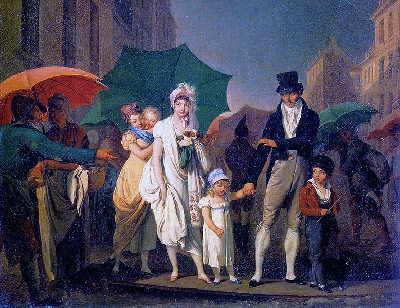 路易斯‧利奧波德‧布瓦伊（Louis-Léopold Boilly）1803年的畫作，描繪巴黎街道上市民撐傘的景像。