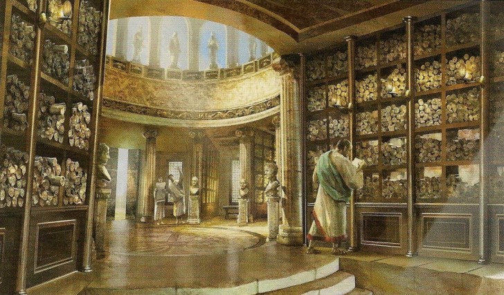 亞歷山大圖書館後來因為火災而摧毀，圖為亞歷山大圖書館的假想畫。