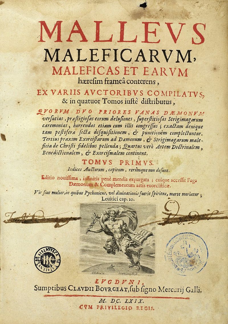 德國牧師海因里希‧克雷默於1487年發行的獵巫手冊《女巫之槌》。圖為1669年版本封面。