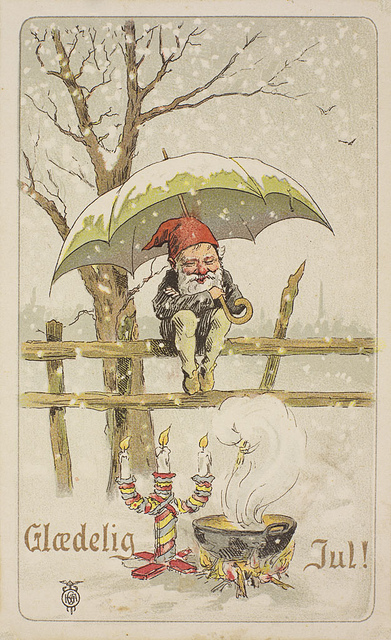1901年挪威發行的聖誕卡，蹲在籬笆上的不是聖誕老人，而是Nisse。祂在煮祂最愛的湯。
