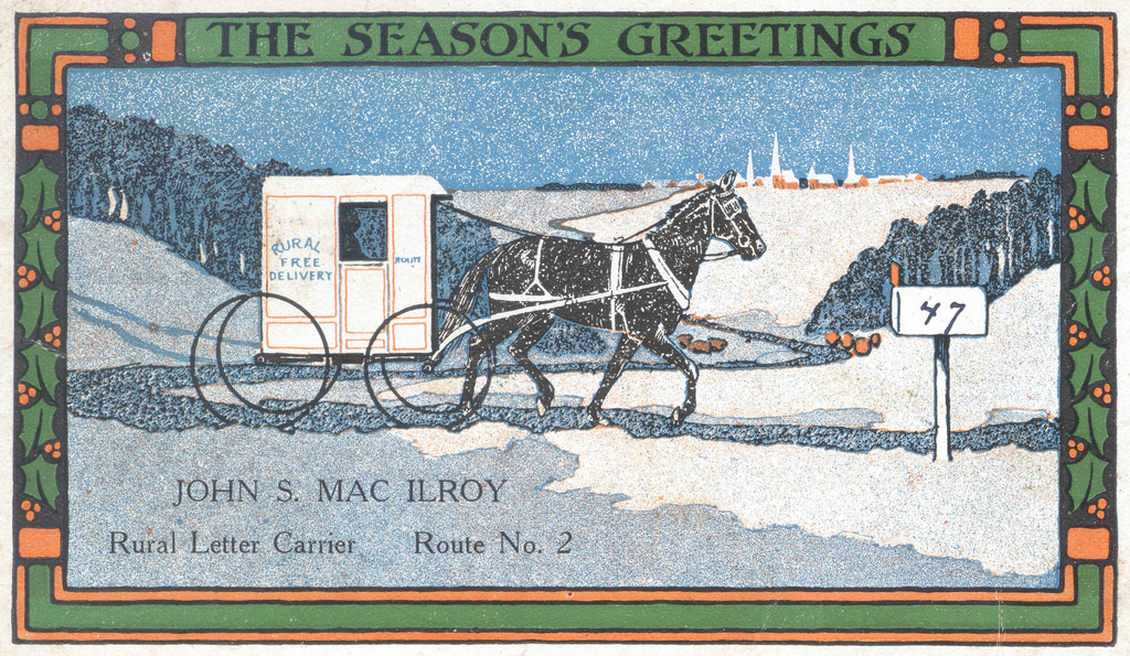 1913年美國發行的聖誕卡，邊緣有冬青的綠與紅。