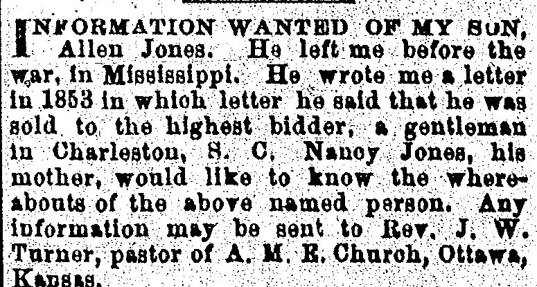 1886年，南希‧瓊斯在費城的《基督教紀錄報》上，刊登一則尋找兒子艾倫的廣告。