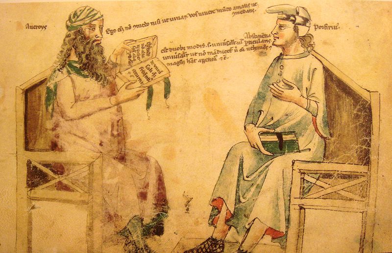 想像三世紀希臘哲學家波菲利（Porphyry）與伊斯蘭哲人伊本‧魯世德（Ibn Rushd）的辯論場景。