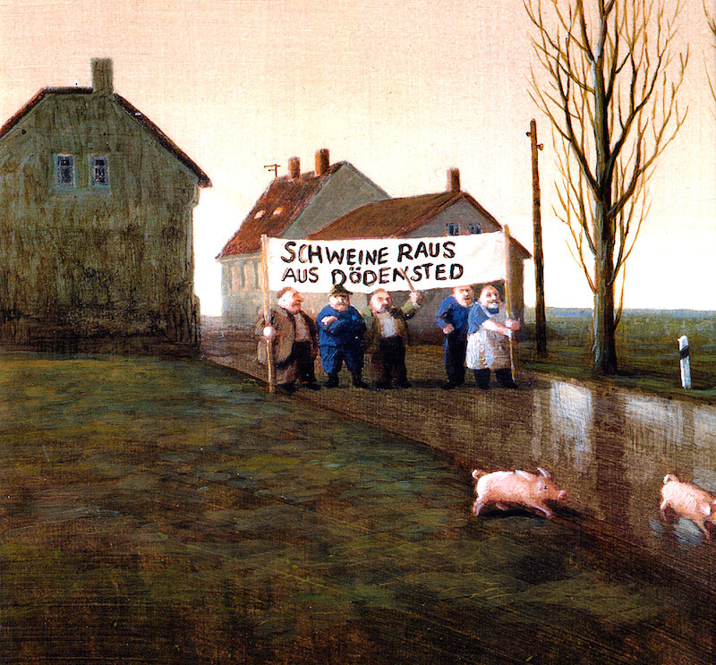 德國畫家Michael Sowa的〈Schweine raus aus Dödenstedt〉（Dödenstedt這裡不要有豬）。