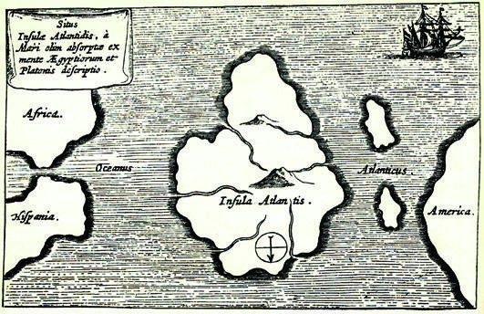 珂雪描繪的亞特蘭提斯地圖（1669年），位於大西洋中部，左邊是非洲和歐洲南部，右邊是美洲。