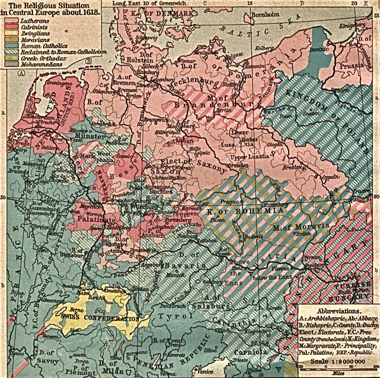 1618年中歐地區的宗教分佈情況。