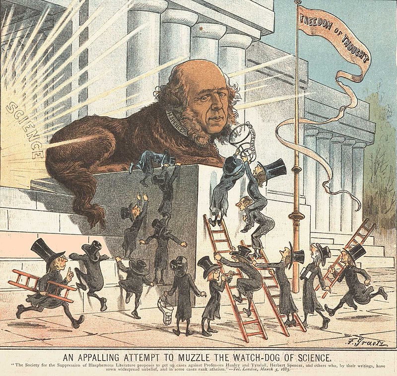 十九世紀末的政治漫畫，嘲諷宗教團體反對赫胥黎、廷德爾與史賓賽等人的思想，對他們提出訴訟的事件。