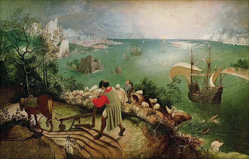 文藝復興時期畫家勃呂蓋爾的畫作《伊卡洛斯墜落的風景》，描繪希臘神話人物墜海時，附近居民不聞不問的景象。