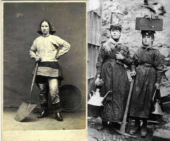19世紀有許多女性跟小孩在礦坑中討生活，負責極度危險吃力的工作。圖為英國的女性煤礦工人。
