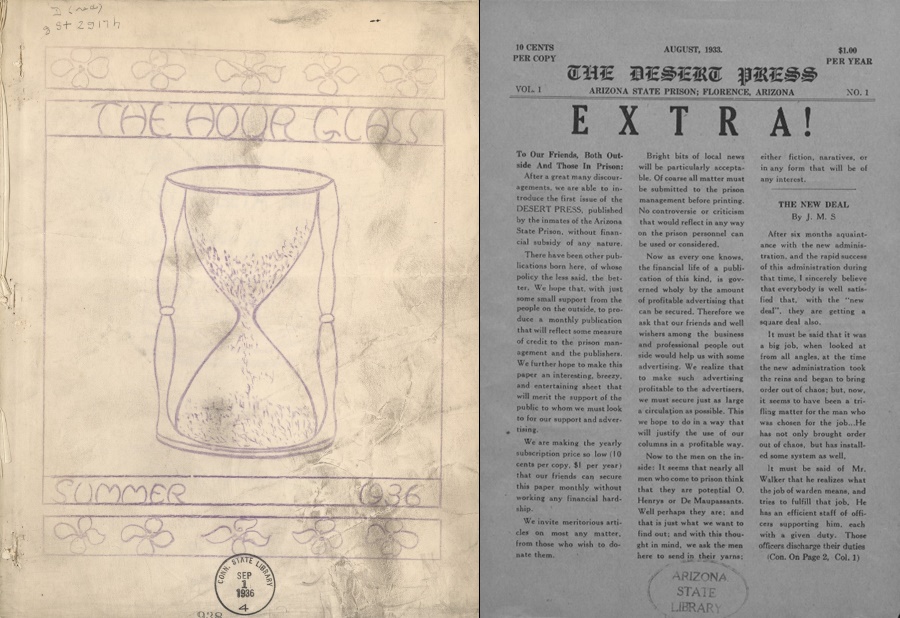 1930年代的監獄刊物《The Hour Glass》與《The Desert Press》封面。