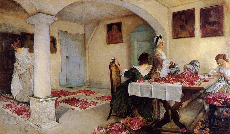 1899年，Edwin Austin Abbey描繪女性曬乾花朵來製作香氛。