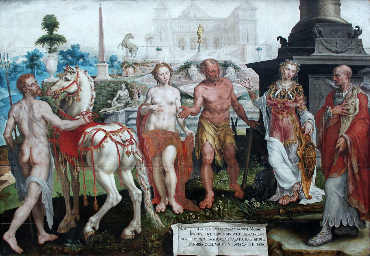 摩墨斯批判波賽頓、雅典娜和宙斯的作品。荷蘭畫家Maarten van Heemskerck於1561所繪。