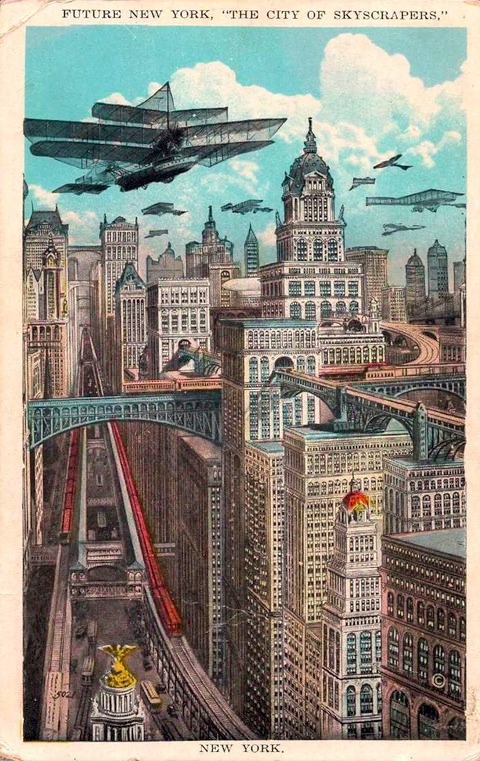 1925年發行的明信片〈Future New York, The City of Skyscrapers〉。