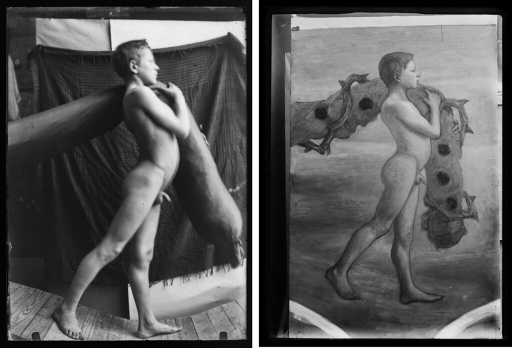 《花環搬運者》（The Garland Bearers）的模特兒，以及繪畫版本（右）。