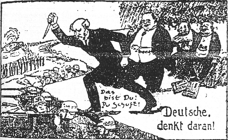 1924 年的德國右派政治漫畫，指控宣布威瑪共和國成立並擔任第二任總理的德國社會民主黨政治家菲利普‧謝德曼，以及一戰時與協約國簽訂停戰協議的反戰政治家馬蒂亞斯‧埃茨貝格爾（Matthias Erzberger）背刺德國軍隊。