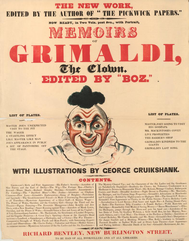 《喬瑟夫・格里馬迪回憶錄》（Memoirs of Joseph Grimaldi）的宣傳海報，由當時25歲的狄更斯編輯完成。