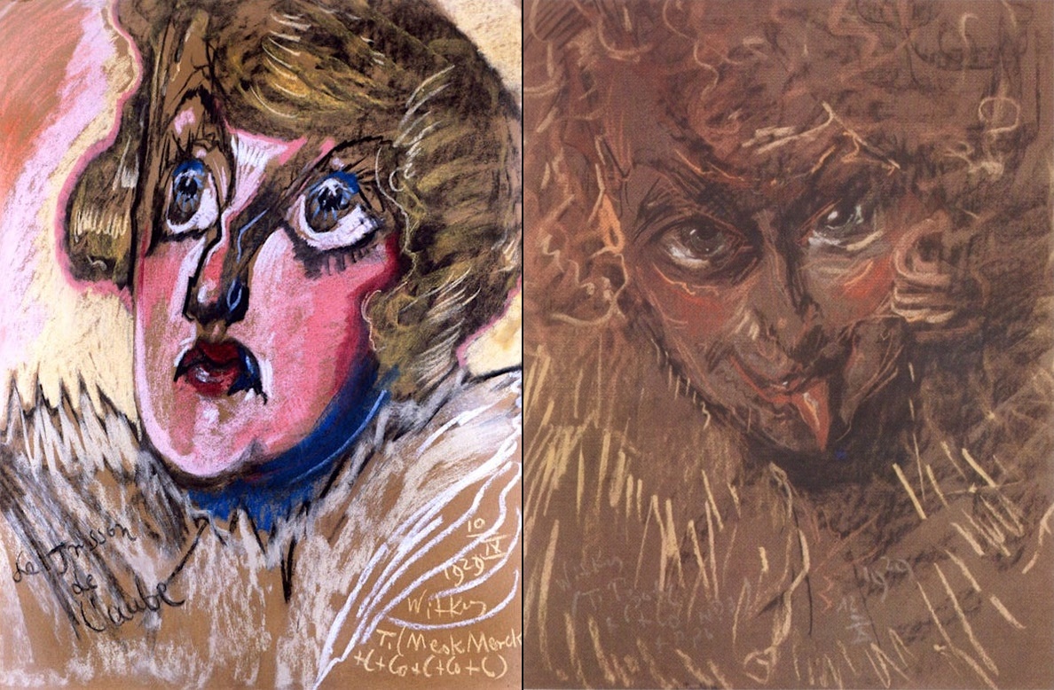 維特卡西為尼娜・斯塔楚斯卡創作的肖像畫。左圖服用了麥司卡林與一大堆的古柯鹼和咖啡因；右圖還多加了烏羽玉。