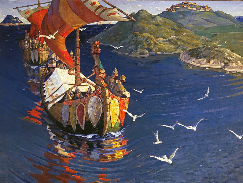 俄羅斯畫家 Nicholas Roerich 筆下的「海外訪客」，船型屬於廣義的維京船隻，描繪的是瓦良格人（東羅馬帝國給「維京人」取的名字， 9 世紀和 11 世紀之間，瓦良格人統治了中世紀的基輔羅斯）。
