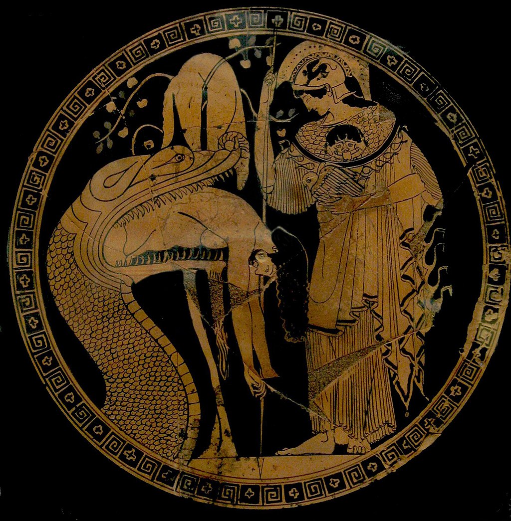 公元前480-470年古希臘陶器，描繪雅典娜看著不眠龍從嘴裡吐出英雄伊阿宋。