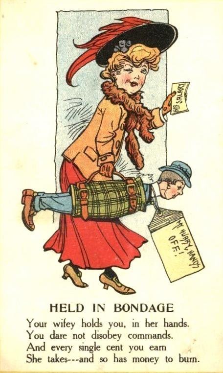 1910 年代攻擊一對夫妻的侮辱卡片，當妻子被認為比丈夫強勢時，男性往往被批評為無能軟弱。