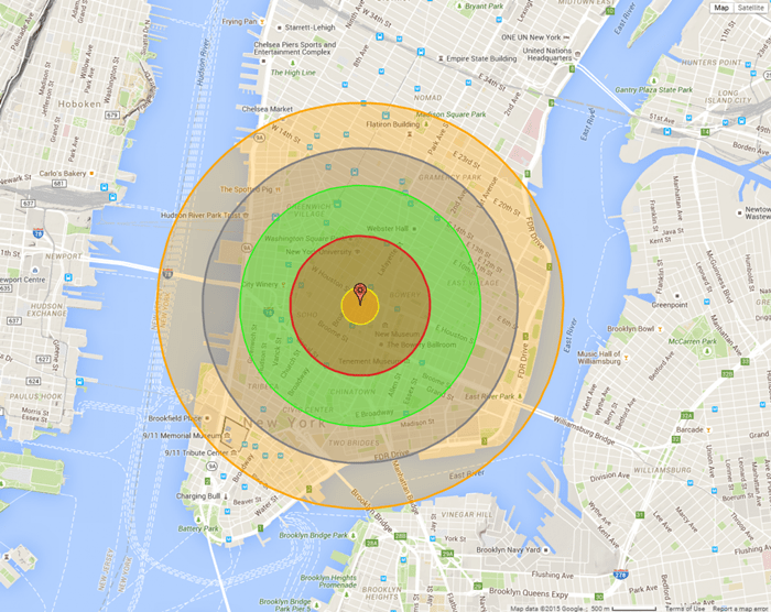 紐約市用投放在長崎的原子彈「胖子」所產生的核爆模擬圖。