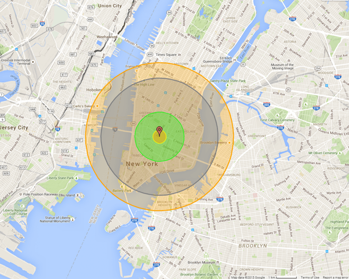 將世界上現存最大規模的核彈，投放在紐約市的爆炸模擬圖。