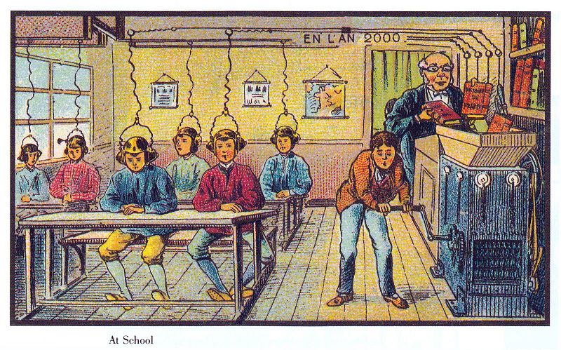 法國藝術家們想像的未來學校，學童的頭上戴著奇怪的裝置。